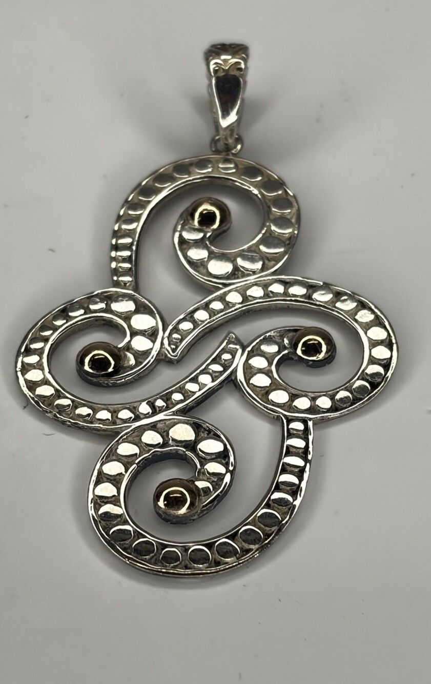 925 Sterling Silver 18K Gold Accent Openwork Scroll Swirl Statement Pendant 2"